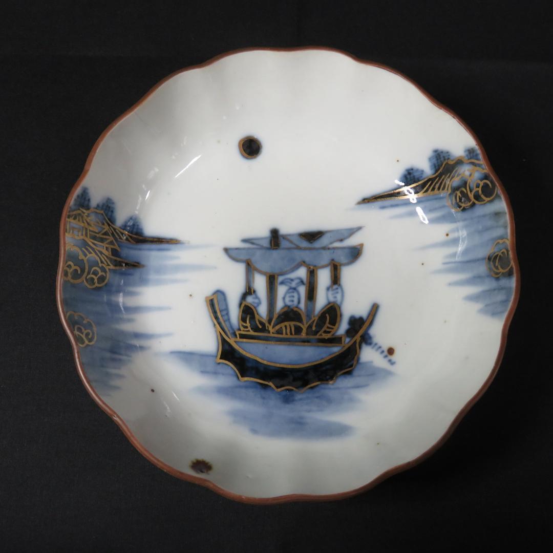 なます皿 4枚 染付 金彩 船 月 川 山水 風景絵図 古伊万里 窯傷