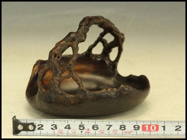 紫檀 刻 手付 皿 文房四宝 卓上飾 高7.8cm(HA490)