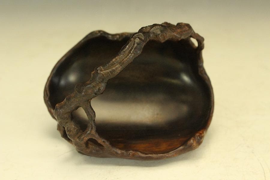 紫檀 刻 手付 皿 文房四宝 卓上飾 高7.8cm(HA490)