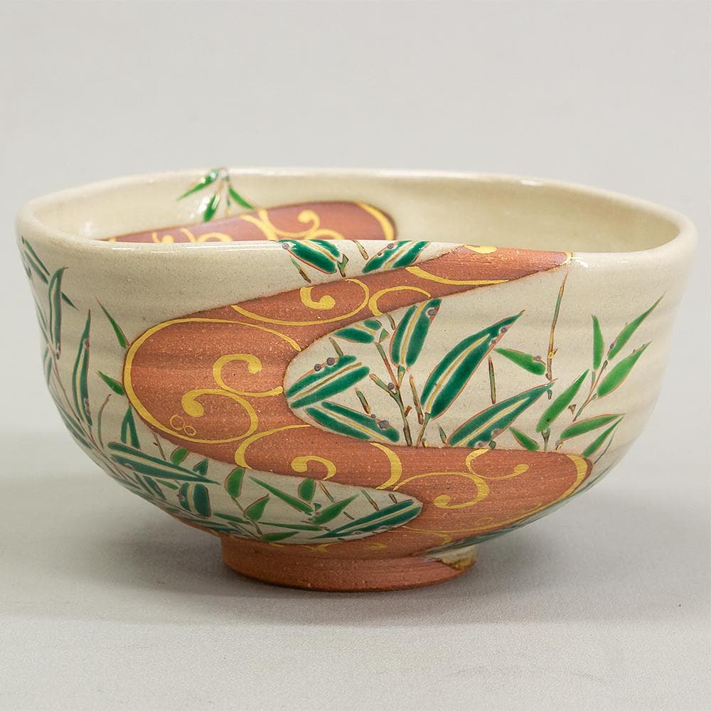 京焼 平安 中村秋峰 茶碗 光琳水露笹絵 美品 共箱 茶道具 抹茶碗 平茶碗