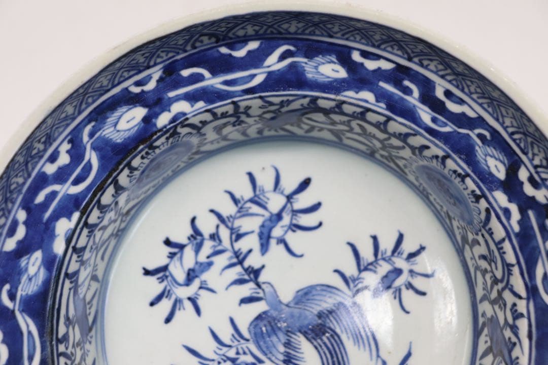 江戸　伊万里　染付　高台鉢　花鳥紋　送料込み1226