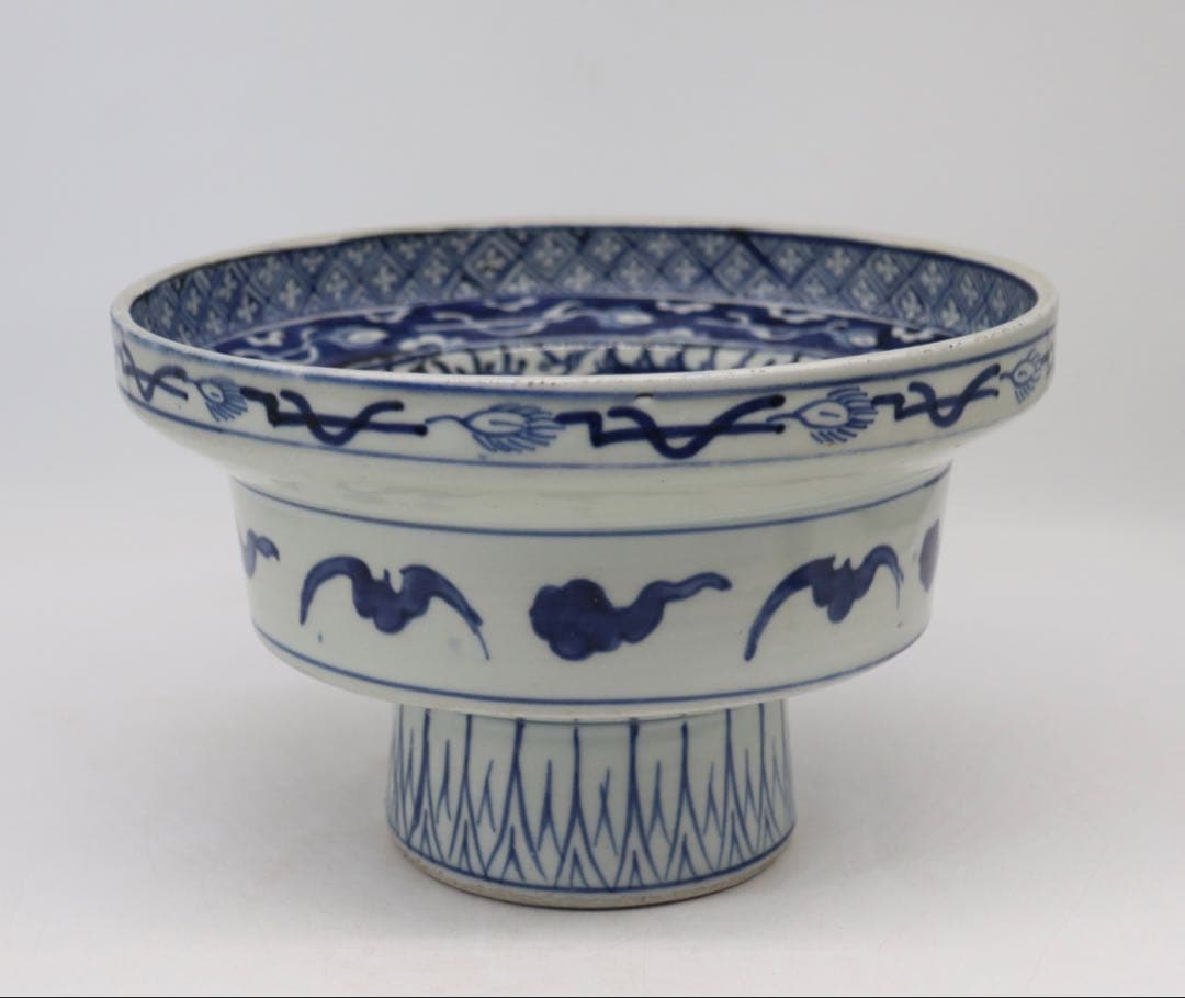 江戸　伊万里　染付　高台鉢　花鳥紋　送料込み1226