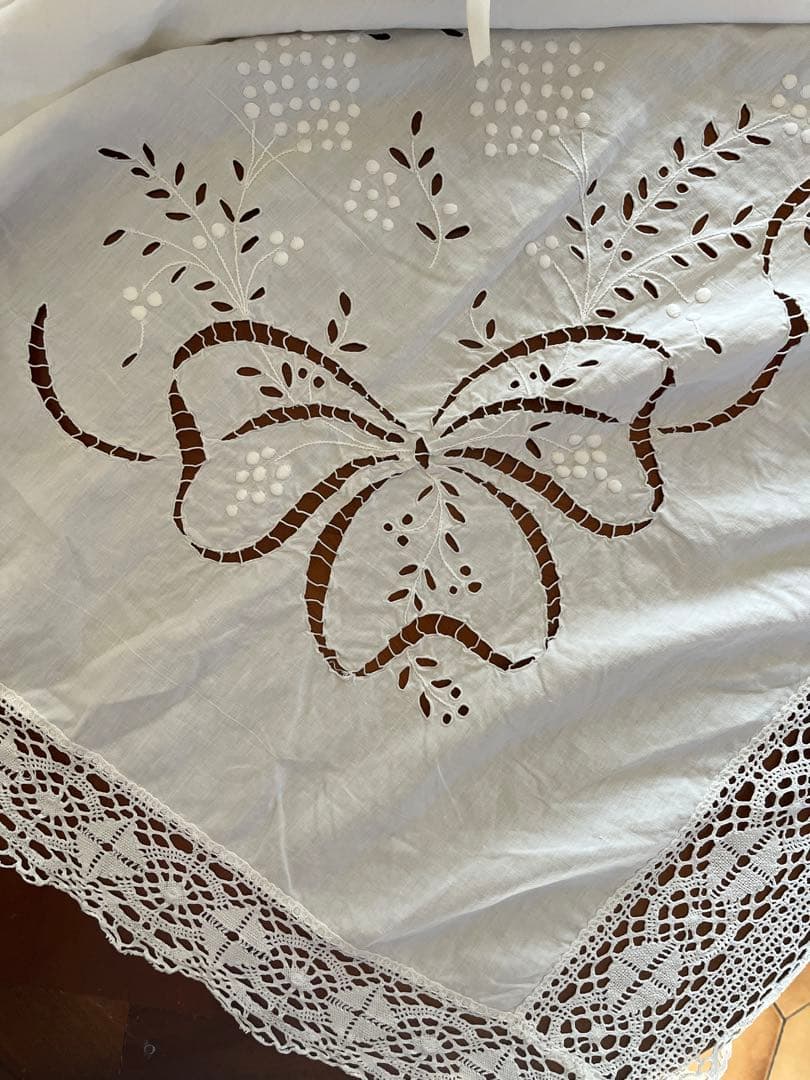 ◆フランスアンティーク｜手刺繍大判マルチクロスベットカバー白カーテンリボンレース