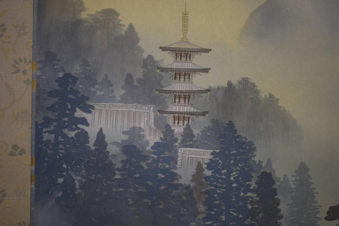 真作/善次郎/青緑山水図/塔山水図/桐共太巻二重箱付/布袋屋掛軸HI-934