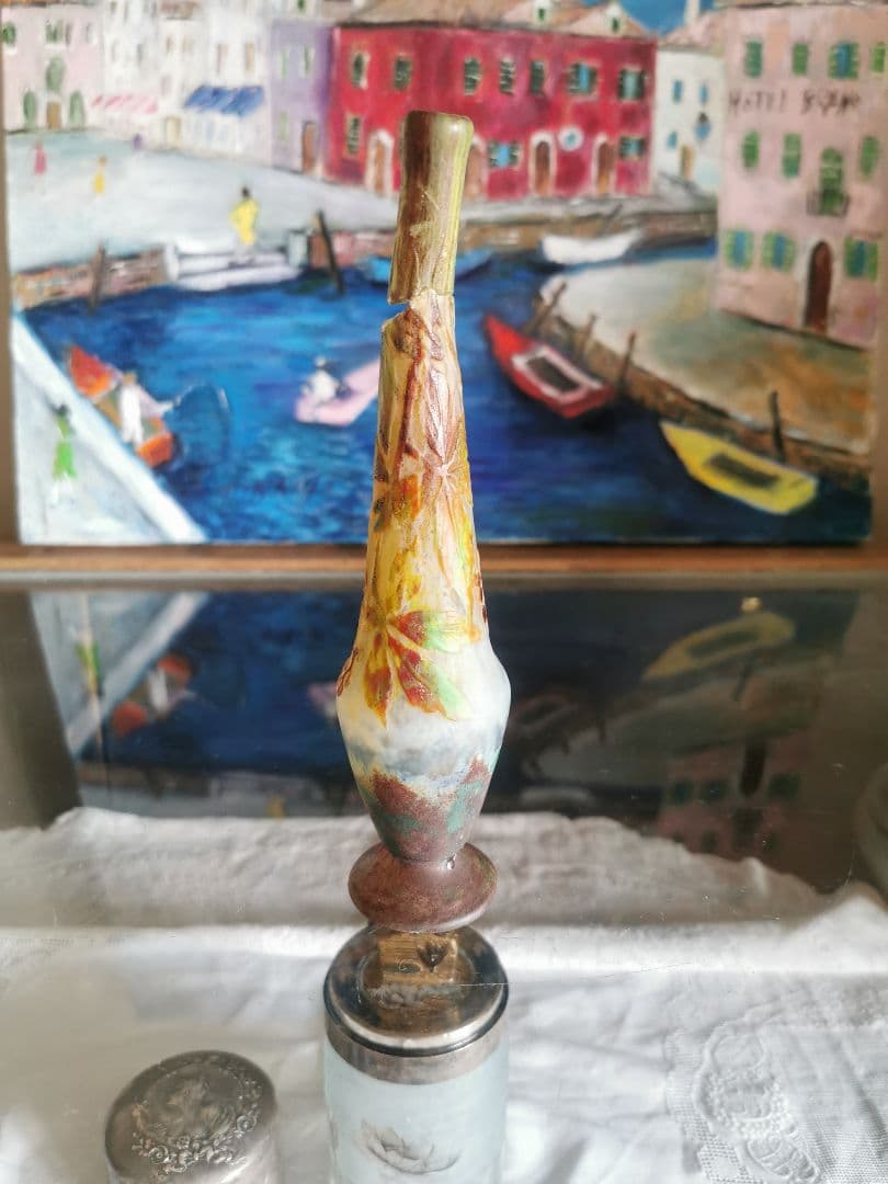 アンティークドームナンシー 木の実 色被せガラス 異色熔込花瓶 パートドヴェール
