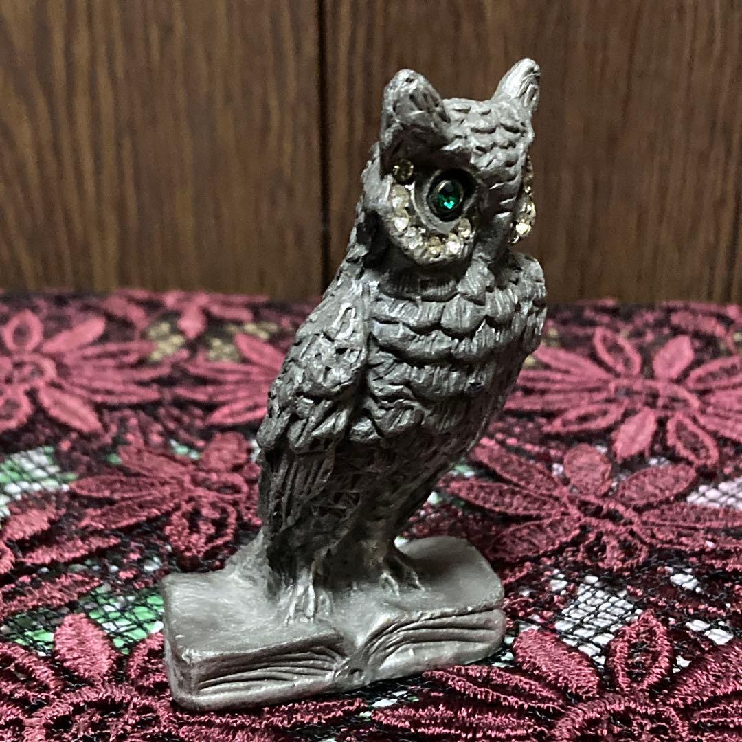 イギリス　アンティーク　フクロウ置物　錫　ピューター　ホールマーク付