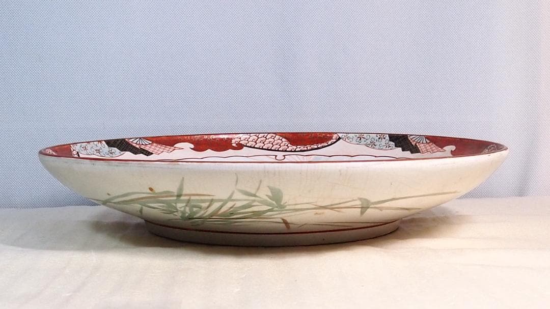 【骨董・美品】大日本九谷造 赤絵 高砂図 飾り皿/大皿/径40cm弱 明治期