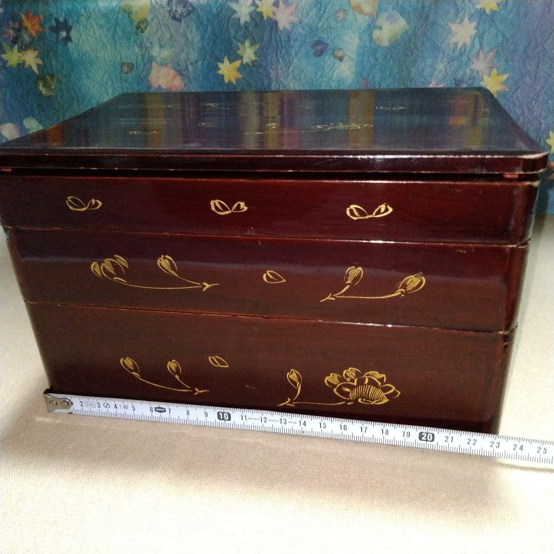 ☘ 明治時代 骨董 漆器 　野弁当　重箱 風景花絵　漆塗内朱　天然木