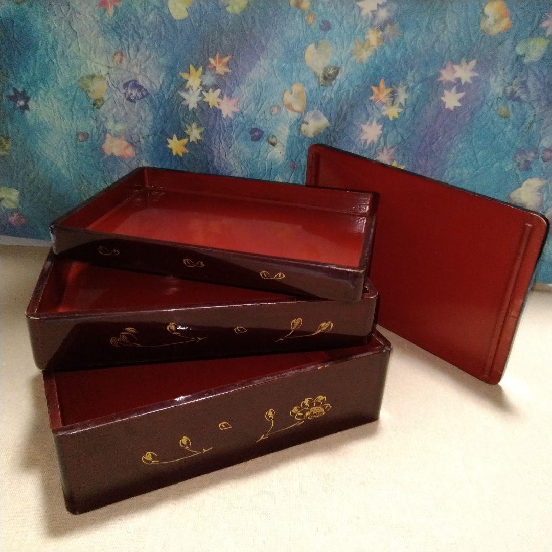 ☘ 明治時代 骨董 漆器 　野弁当　重箱 風景花絵　漆塗内朱　天然木