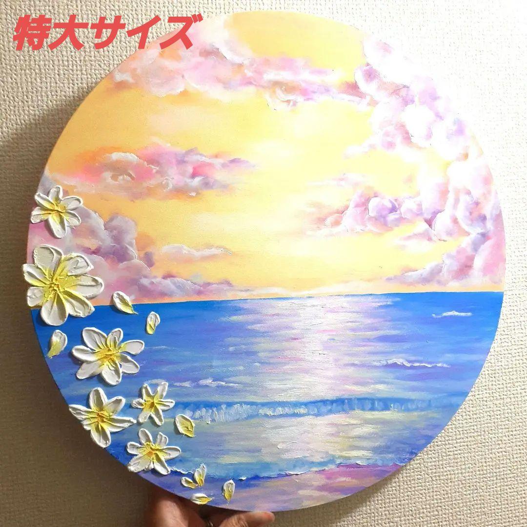 《溢れた願い》油絵 油彩画 海 風景画 直径40cm