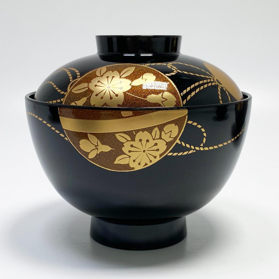 未使用 会津塗 乙造作 漆器 金彩 蒔絵 桜鈴紋 お吸物椀 5客 共箱