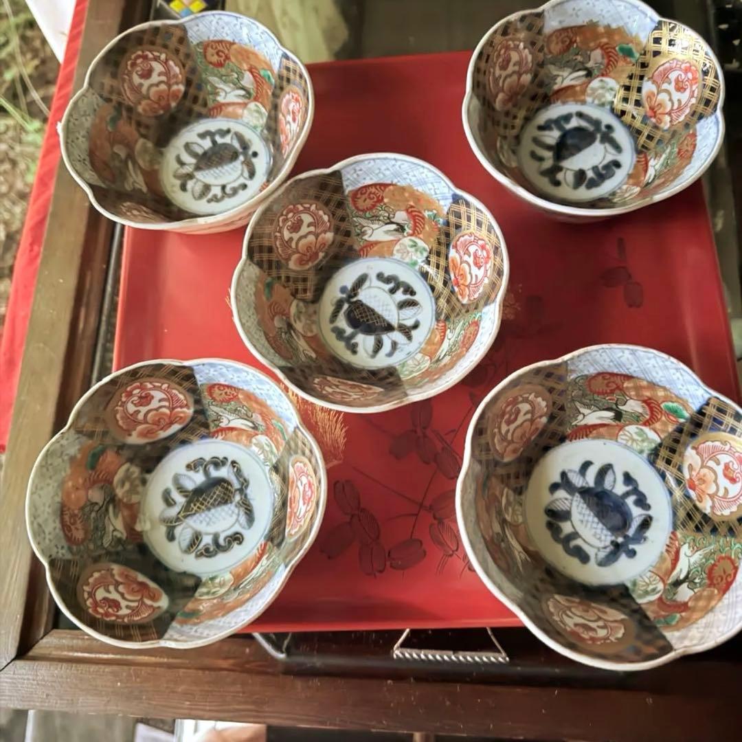 2242様感謝‼️春‼️伊万里錦手向付おひたしにはこれ‼️桃手鶴六弁花在銘向付鉢 5客