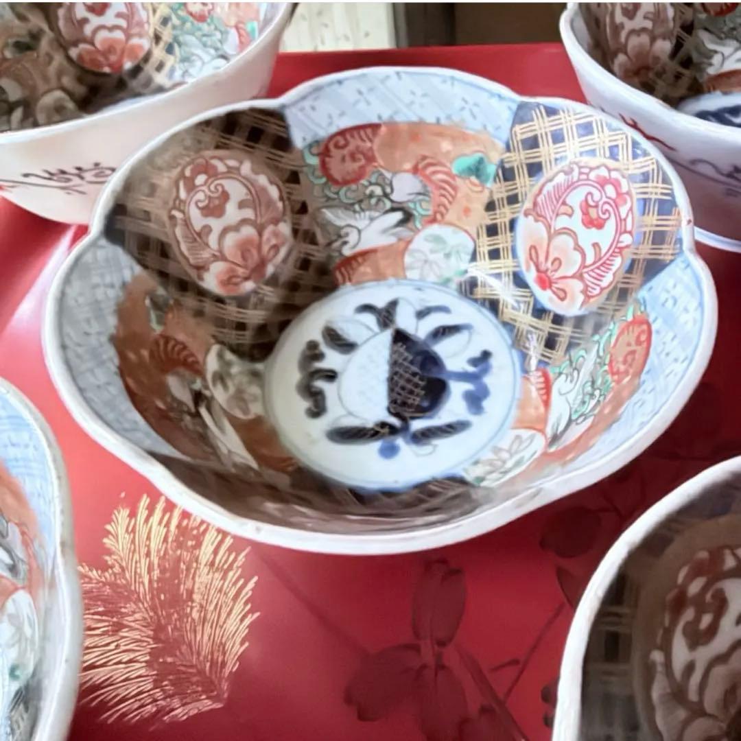 2242様感謝‼️春‼️伊万里錦手向付おひたしにはこれ‼️桃手鶴六弁花在銘向付鉢 5客