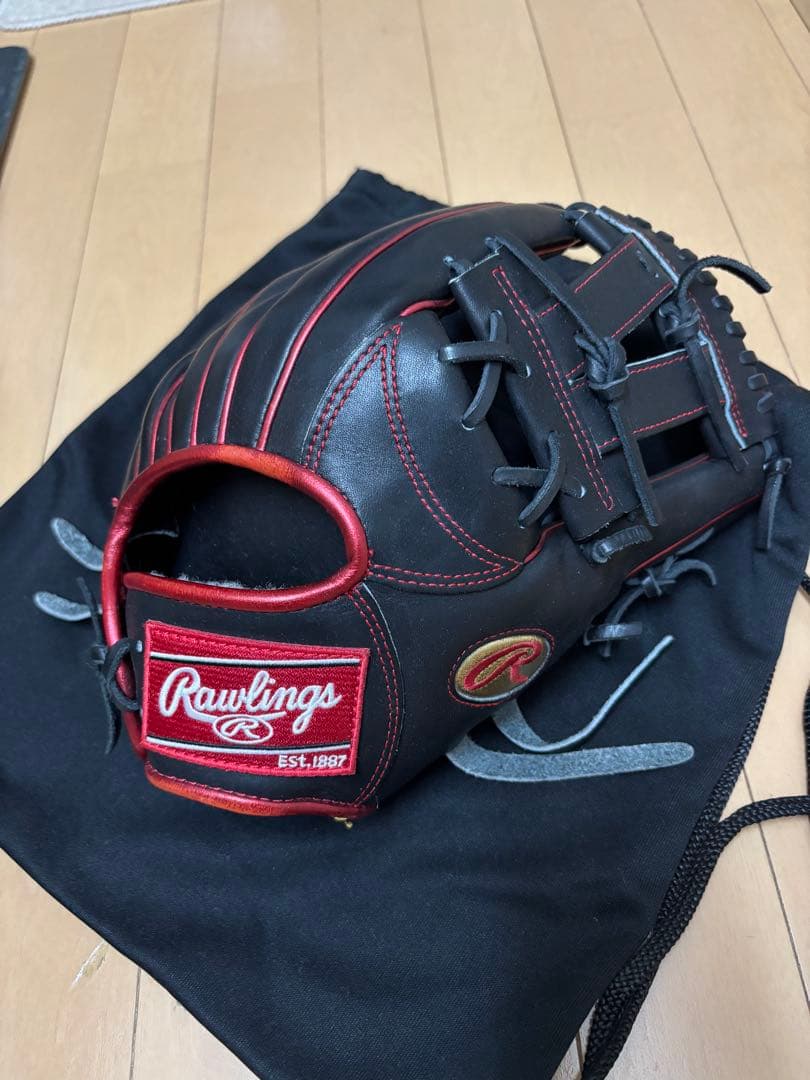 Rawlings 軟式グローブ 黒/赤 収納袋付き