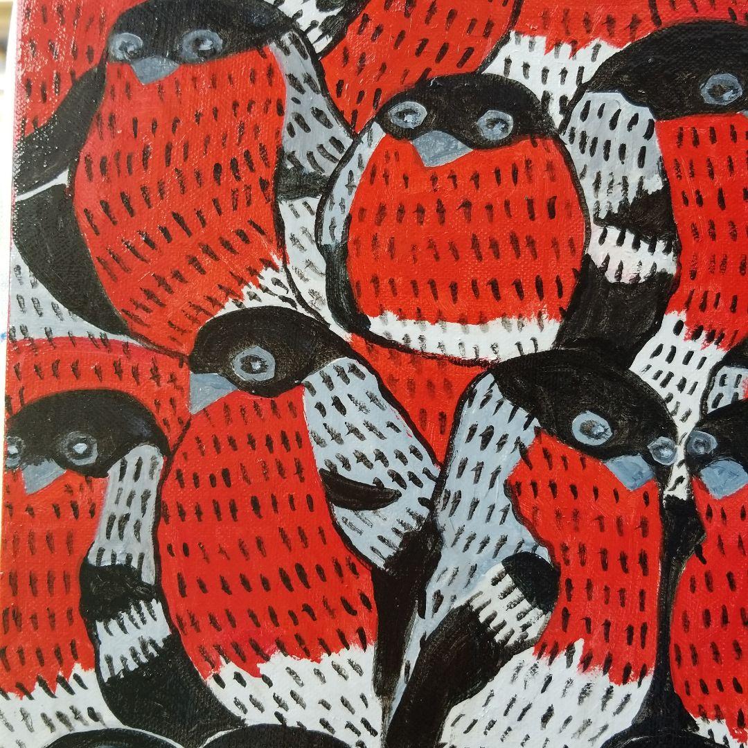 油絵　あらんぼん　仲良く集まるくちばしの小さな鳥たち　密は楽し