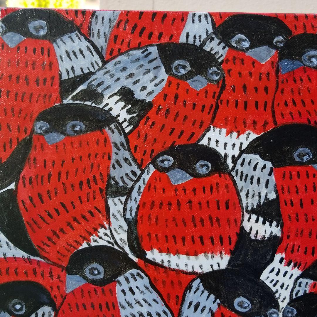 油絵　あらんぼん　仲良く集まるくちばしの小さな鳥たち　密は楽し