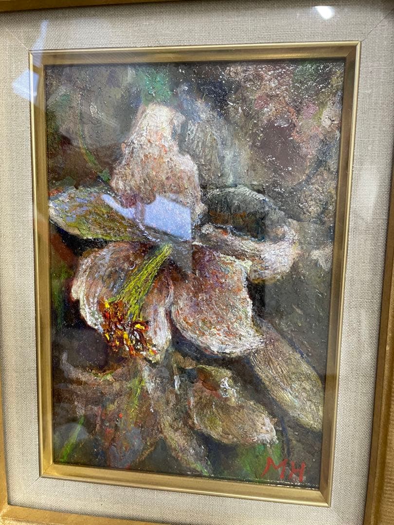 弘中 三智子　百合の油彩画 装飾フレーム付き