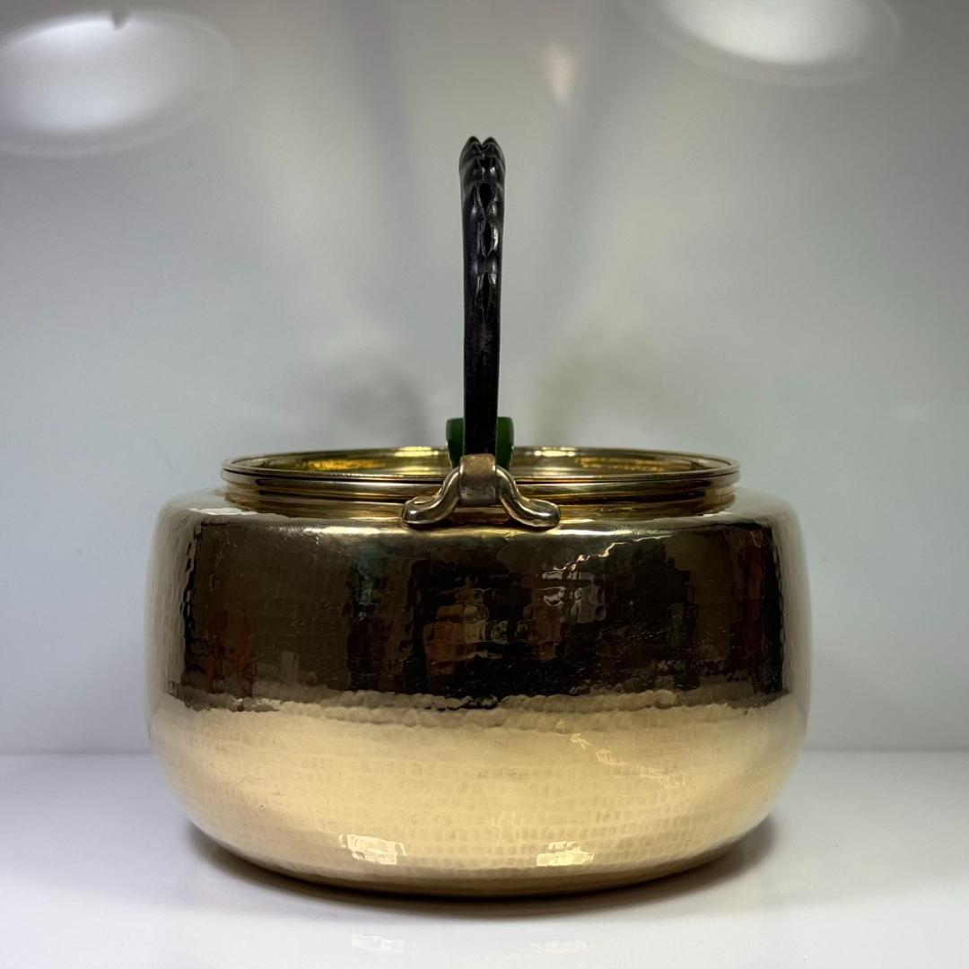 純銀製 北村静香造 槌目 金メッキ仕上げ 貴石摘 豆莢鉄手 湯沸 古美術品 銀瓶