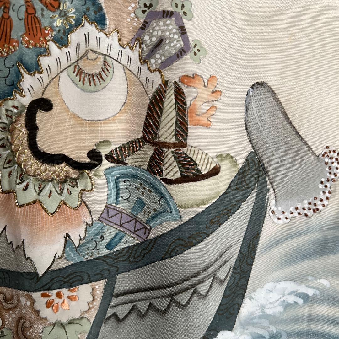 5502◆男の子アンティーク着物五つ紋宝船番鶴波手描き手刺繍時代古裂品格ある逸品