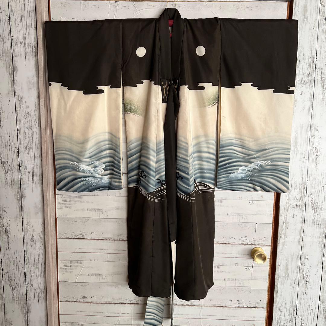 5502◆男の子アンティーク着物五つ紋宝船番鶴波手描き手刺繍時代古裂品格ある逸品