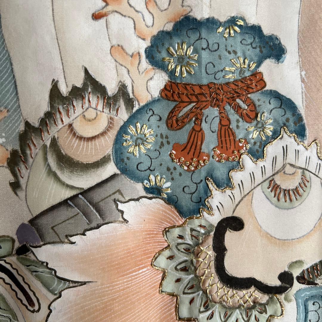 5502◆男の子アンティーク着物五つ紋宝船番鶴波手描き手刺繍時代古裂品格ある逸品