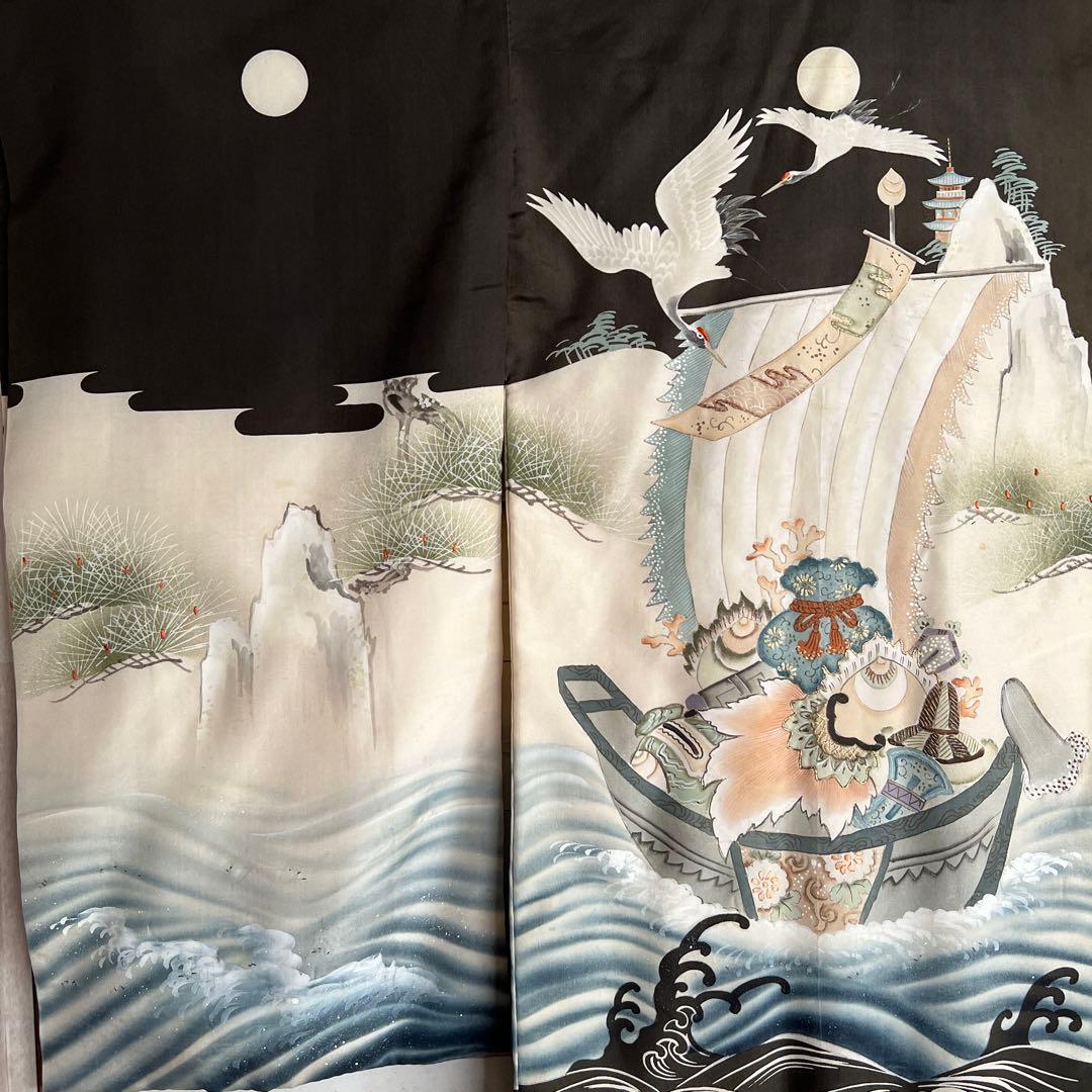 5502◆男の子アンティーク着物五つ紋宝船番鶴波手描き手刺繍時代古裂品格ある逸品