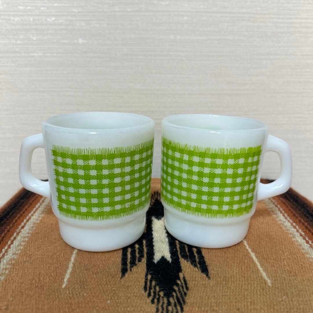 ファイヤーキング　緑のチェックマグカップ 2個セット　ミッドセンチュリー