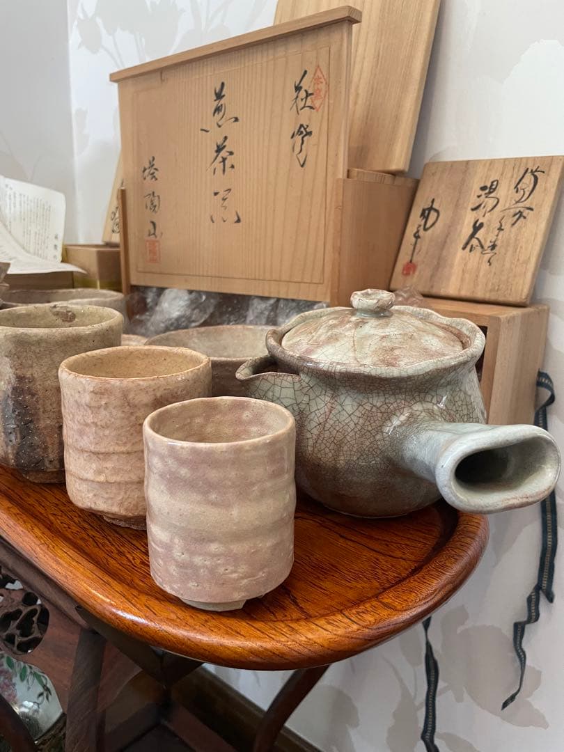 未使用　萩焼　茶道具セット 20点 陶器・木製茶托　 おぼん　トレイ　まとめ売り