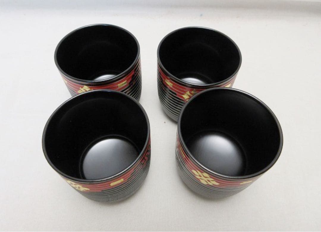 未使用 懐石道具 金彩梅正法寺蒔絵 箸洗い 4客組 木製漆器 小吸物椀