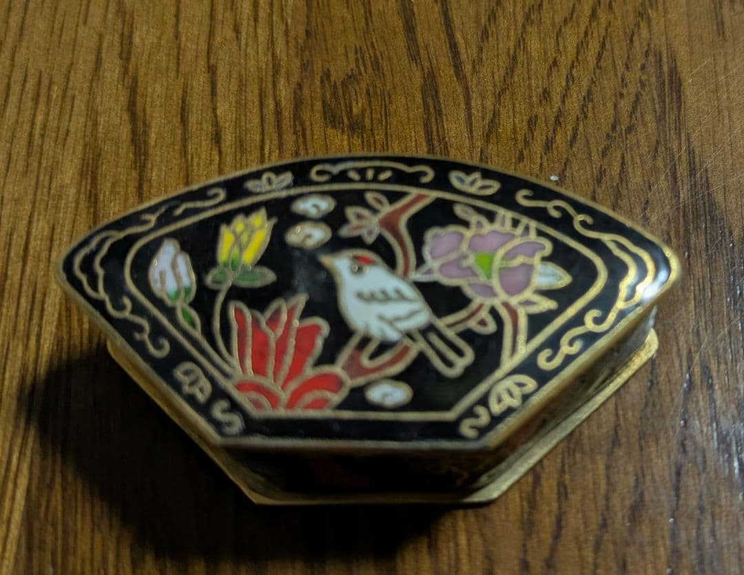 七宝焼　香合　花鳥　扇面形