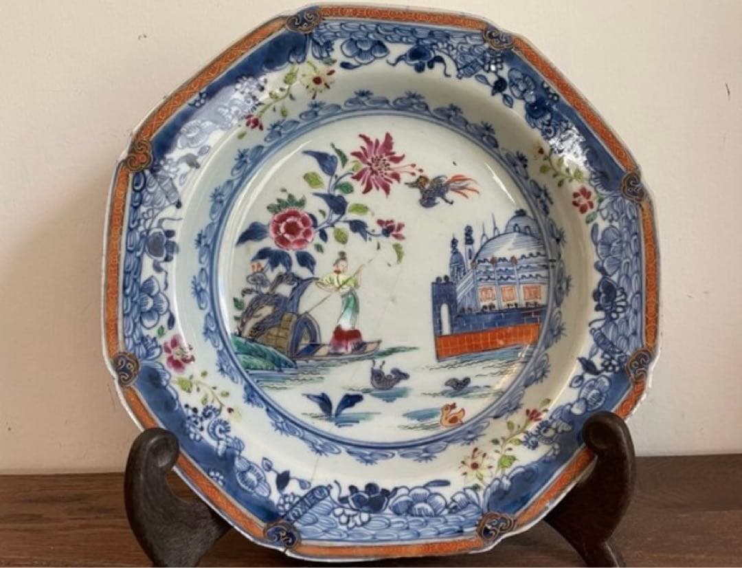 中国古美術品　清の乾隆時代　青花粉彩人物皿　本物保証 22cm