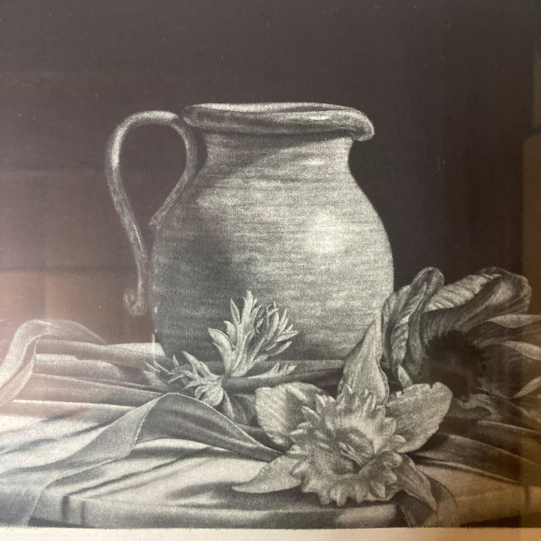 山口和雄【水差しと花】額35.6×45.6絵￼16.5×30cmメゾチント 箱付