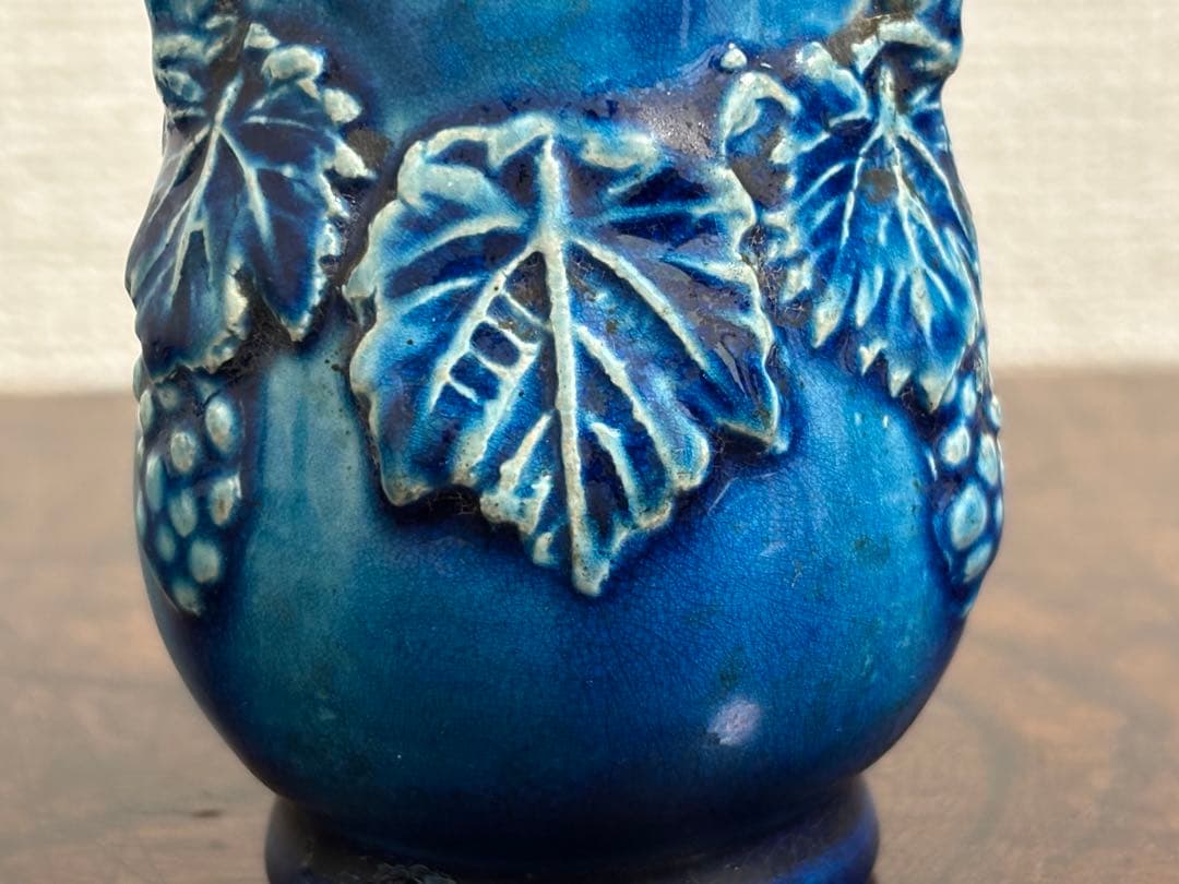 李朝　総瑠璃釉 葡萄文小壷 /骨董 古美術 壺 茶道具 唐物 染付 古玩