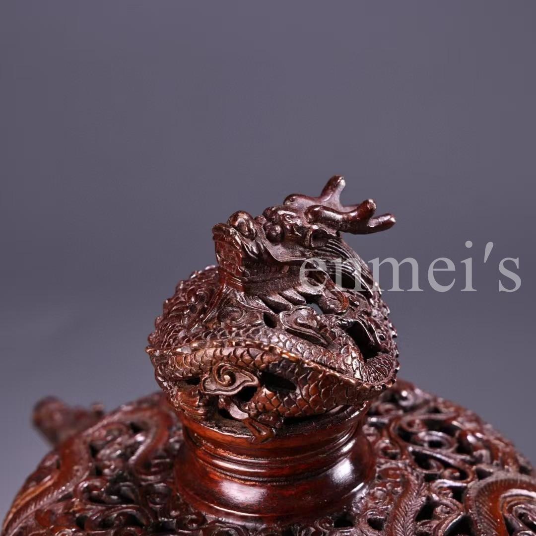 中国古美術・旧蔵純銅熏香炉・純銅製・香炉・鏨刻・高浮彫・置物・茶道具・文房具