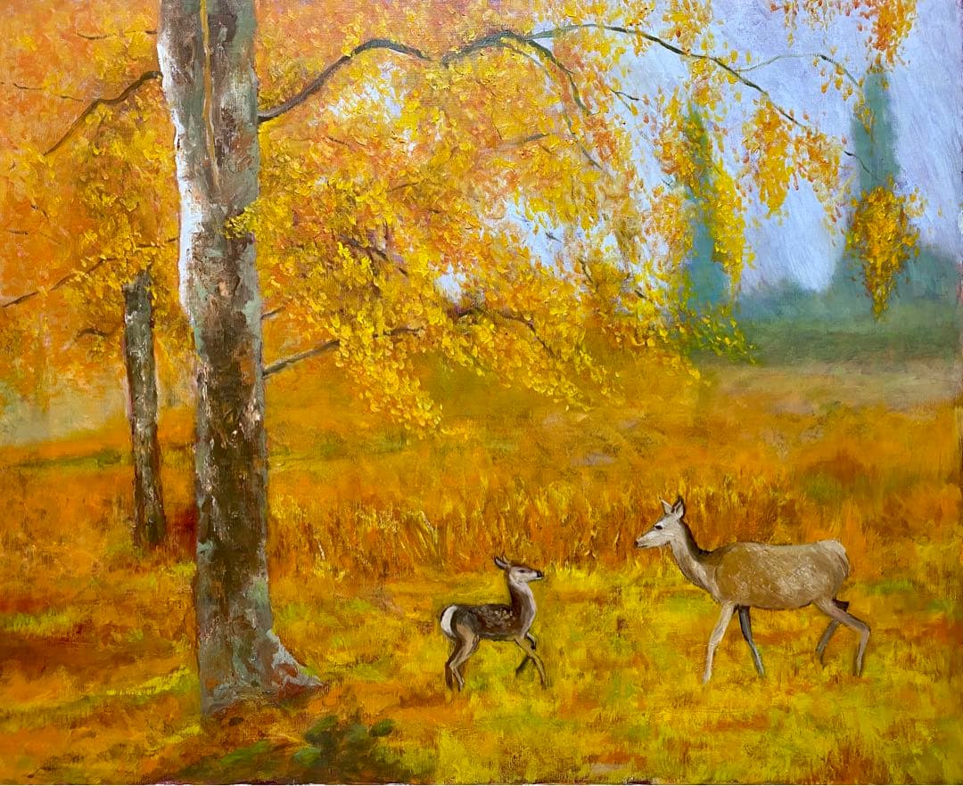 鹿の親子 F25油彩画 風景画 絵画 oil painting art