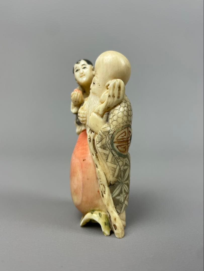 時代根付 極上細密彫り白材 寿老人 マンモス牙製 中国美術 不老長寿 縁起物