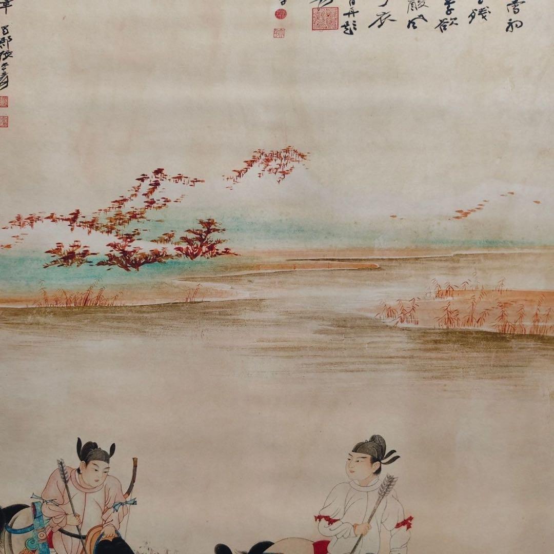 中堂 掛け軸 張大千 騎馬 唐人行猟 人物画 中国画 山水人物