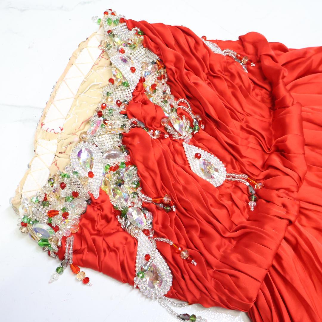 【ベリーダンス用 オリエンタル衣装】レッド ビジュー＆ラメ多数 セットアップ