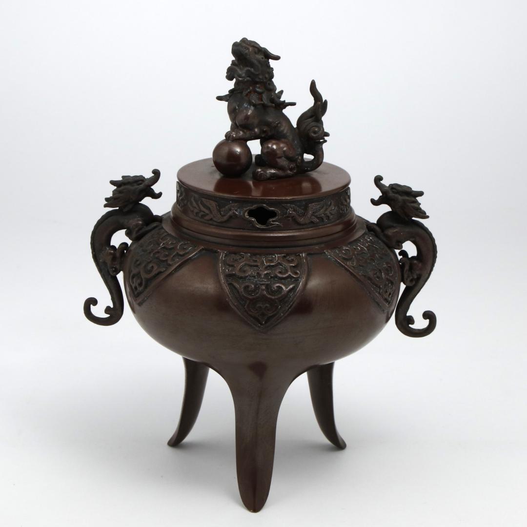 Bg1637 高岡銅器 長足菖蒲獅子蓋 香炉 伝統美術工芸品 骨董品 銅製