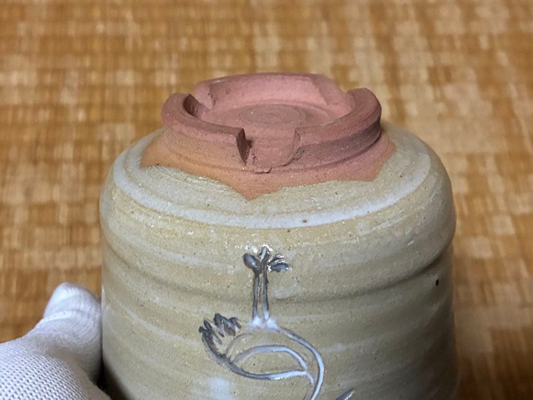 茶道具 布志名焼 鶴彫刻 陶器 茶碗 共箱 【八世　土屋善四郎(雲善) 造】