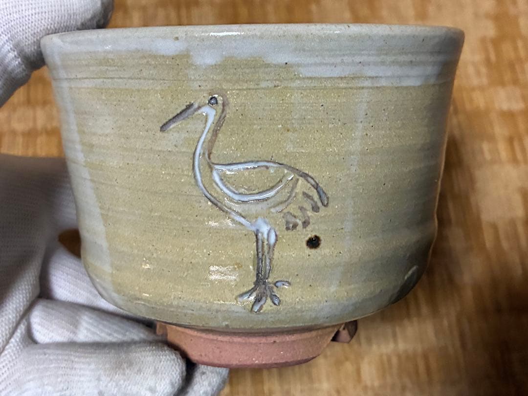 茶道具 布志名焼 鶴彫刻 陶器 茶碗 共箱 【八世　土屋善四郎(雲善) 造】