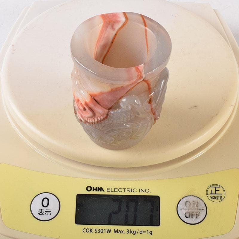 中国　玉石寿山石彫刻　龍彫　酒盃　時代箱　C　8024