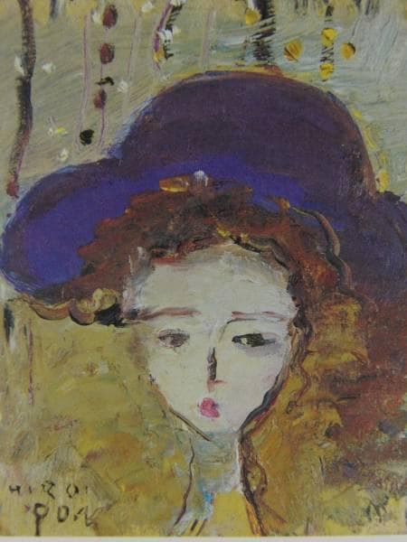 織田 廣喜、紫色の帽子の少女、希少画集より、版上サイン入