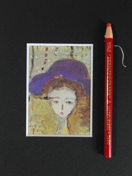 織田 廣喜、紫色の帽子の少女、希少画集より、版上サイン入