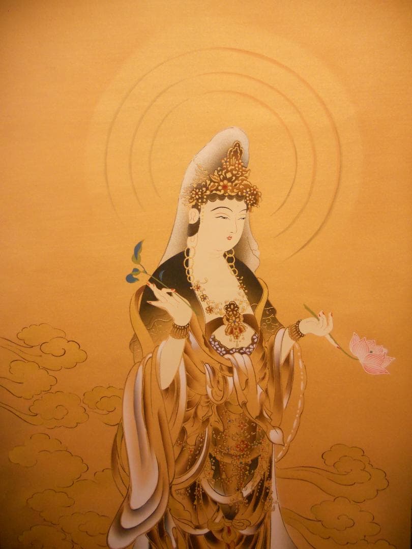 掛け軸 『 雲上観音 』 福田素仙 謹写 絹本 共箱 希少 軸装 掛軸 美品