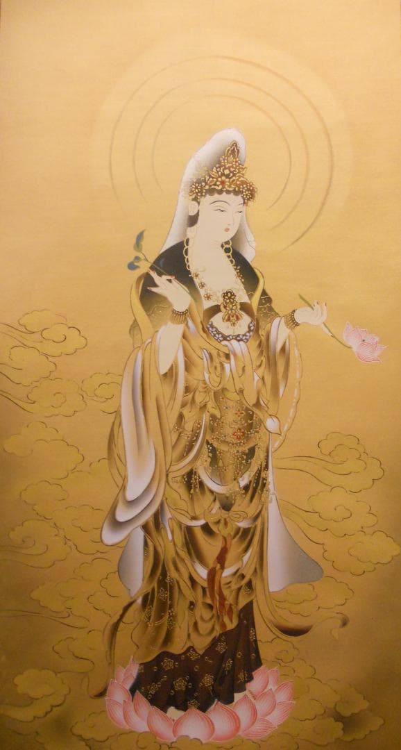 掛け軸 『 雲上観音 』 福田素仙 謹写 絹本 共箱 希少 軸装 掛軸 美品