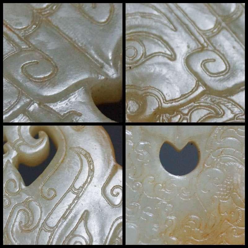 古代 和田玉(ホータン)細工透かし彫り『饕餮文』怪獣玉佩 根付緒締玉提げ物装飾品