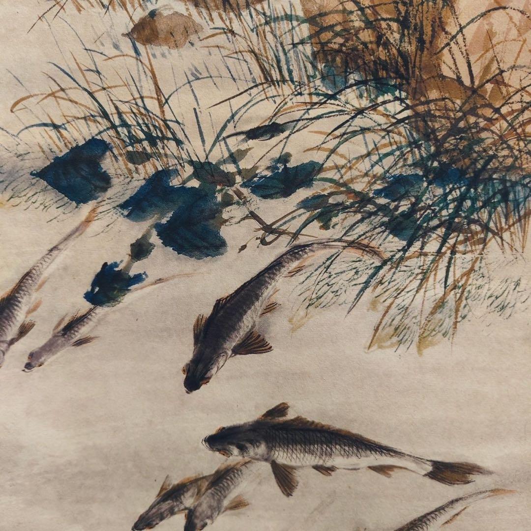 劉奎齢作・猫と魚図 中堂掛軸　宣紙　掛軸仕立て済　180×70cm