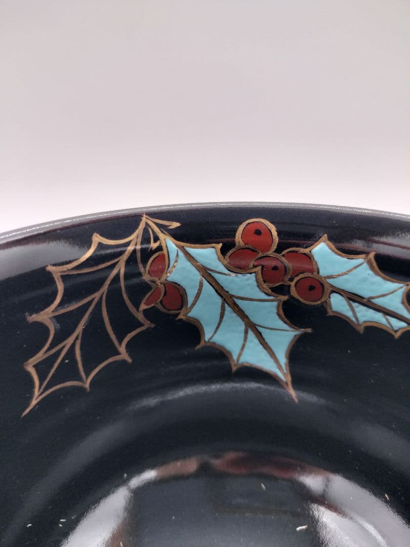 c410【新品・未使用】茶碗 黒仁清 柊に雪 水出絢 紙箱 茶道具