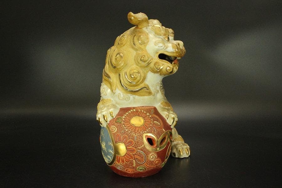 九谷 金彩 獅子 置物 時代物(A688)